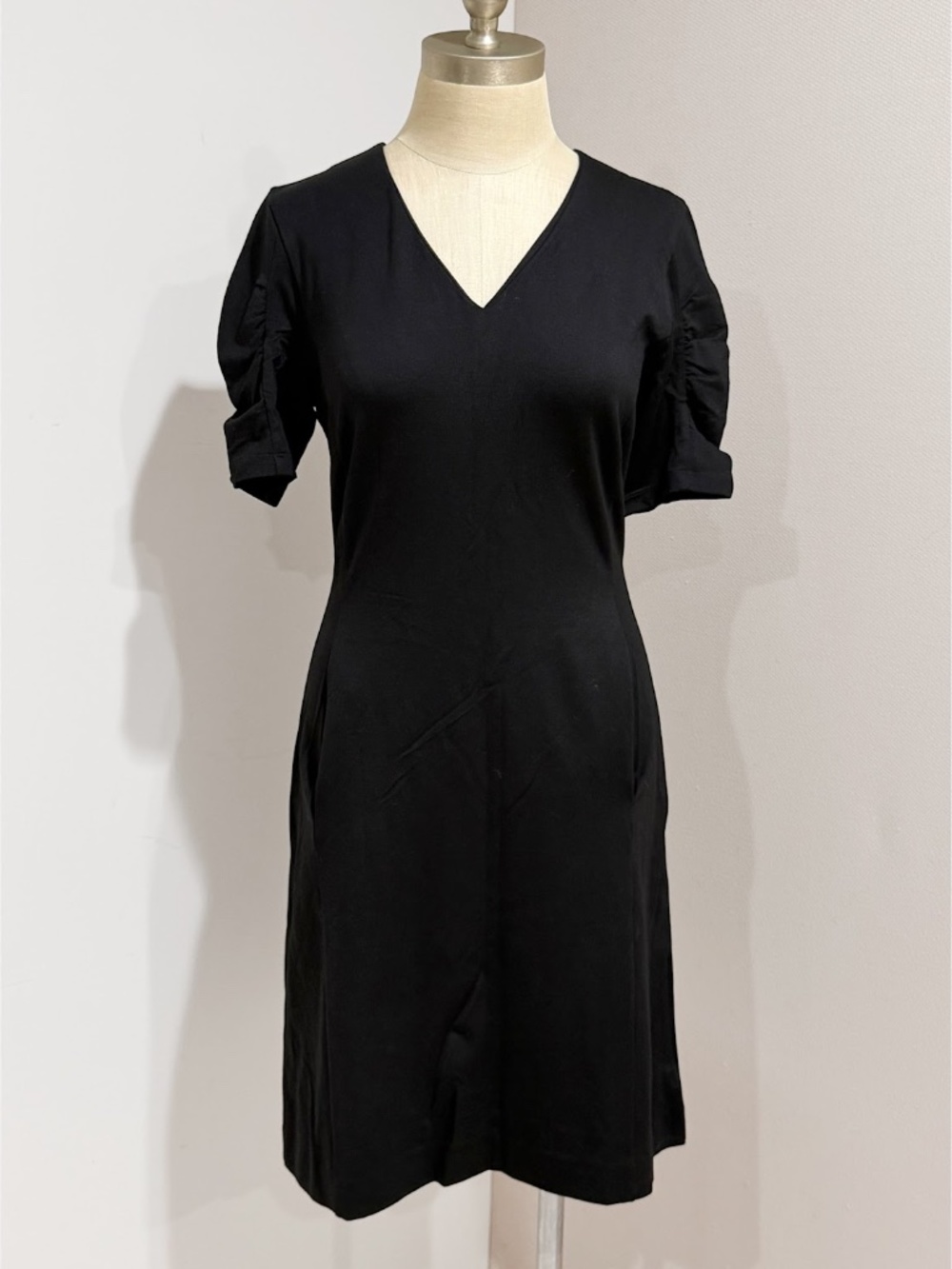 Cabi Style #3827 Black Ruched Sleeve Minimalist Ponte Knit Dress Size S